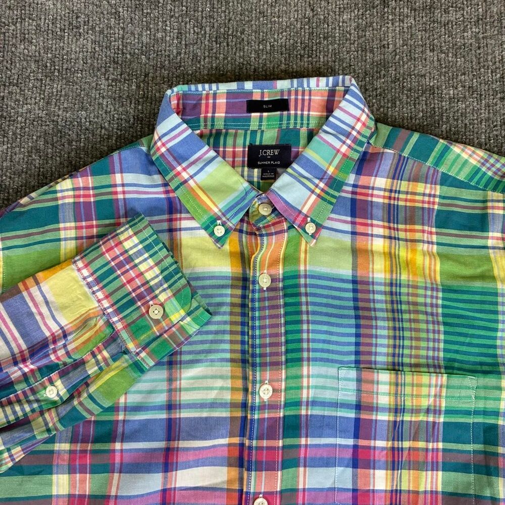 J.Crew Summer Plaid Shirt Mens Large Slim Fit Multicolor Button Down Long Sleeve
